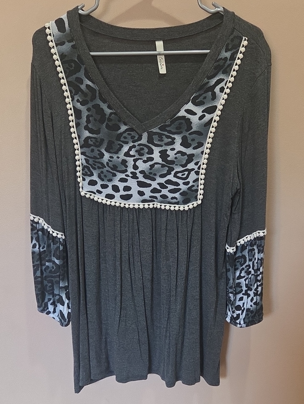 Dark Gray V-Neck Top with Leopard Accent